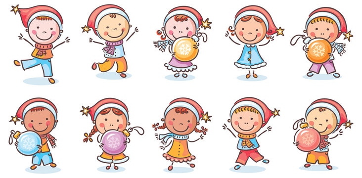 Set of happy cartoon kids in Santa hats and with Christmas ornaments
