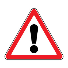 Hazard warning attention sign. Icon in a red triangle with exclamation mark symbol, isolated on a white background. Traffic symbol. Stock vector illustration