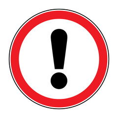 Hazard warning attention sign. Icon in a red circle with exclamation mark symbol, isolated on a white background. Traffic symbol. Stock vector illustration