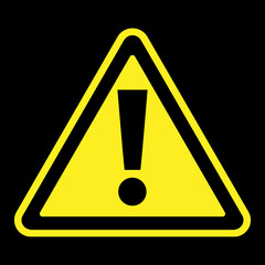 Hazard warning attention sign. Icon in a yellow triangle with exclamation mark symbol, isolated on a black background. Traffic symbol. Stock vector illustration