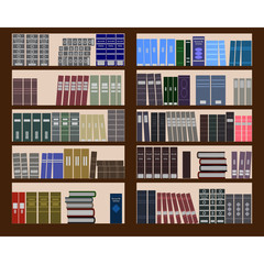 Bookshelves with a lot of books. Stacks of books of different colors, sizes and shapes in a big bookcase. The symbol of Library, bookstore, education, school or science. Flat design style. Vector