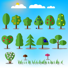 Tree icons set. Nature collection. Trendy and beautiful set of flat floral elements. Include grass, mushrooms, berries, bushes, trees and fruit trees. Sun and clouds. Stock vector illustration