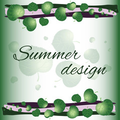 Summer card. Light green greeting cards background with decorative elements. Fashionable postcard. Fashion stylish printing design for different print products. Leafs linden. Summer design. Vector