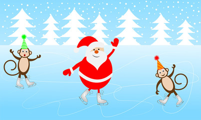 Jolly Santa Claus and two monkeys skate on the ice