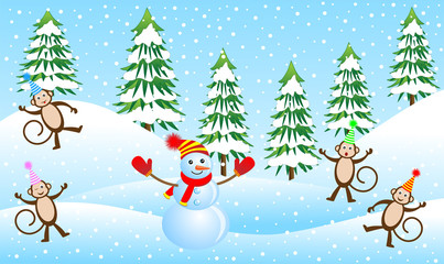 Four funny monkeys and snowman in a winter forest