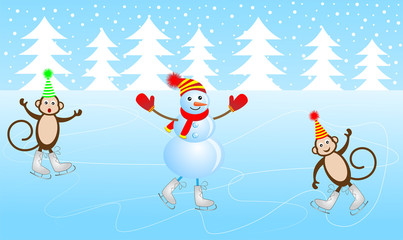 Cheerful snowman and two monkeys skate on the ice