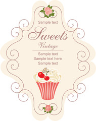Vector vintage label with cupcake in fishnet frame.