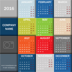 Calendar for 2016. Week starts Monday. Info graphic design