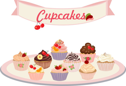 Vector set of cakes and cupcakes.