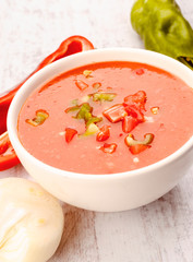 Andalusian gazpacho in white porcelain bowl