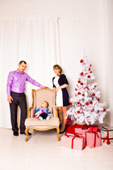 Christmas Family Portrait In Home Holiday Living Room, Kids and