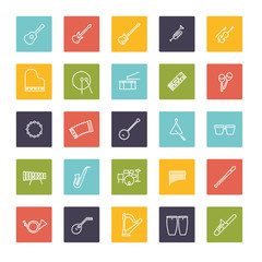 Musical Instruments Line Icon Vector Set, 25 symbols in colored rounded squares