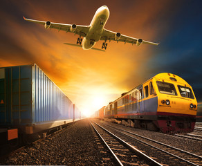 industry container trainst running on railways track and cargo f