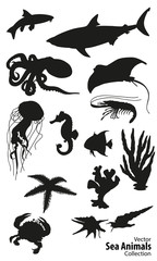 Sea animals vector silhouettes collection 