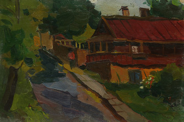 Fototapeta premium Beautiful Original Oil Painting Landscape On Canvas with trees house and road