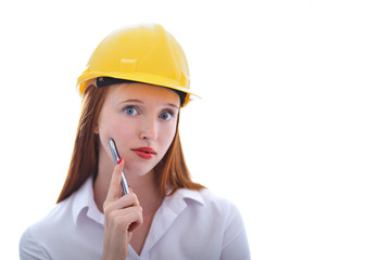 Long haired woman with yellow helmet holding a pen