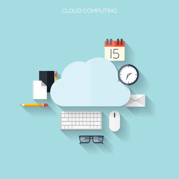 Flat cloud computing and social media background. Data storage
