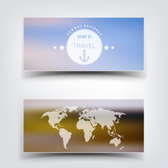 Blurred landscape background card. Travel concept with eart map