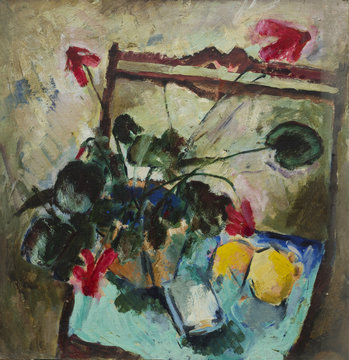 Oil painting. Still life with flowers and lemons on the chair