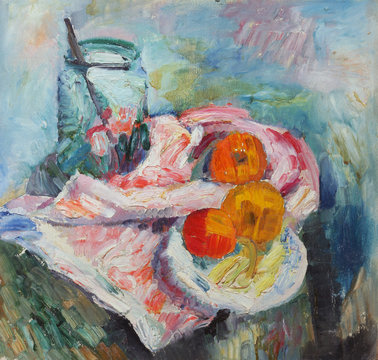 Oil painting. Still life with a plate with apples on fabric