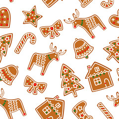 Christmas seamless pattern with Xmas gingerbread cookies - Xmas tree, candy cane, bell, stocking, star, house, bow, heart, deer. Cute winter holiday background. Vector design gingerbread illustration.