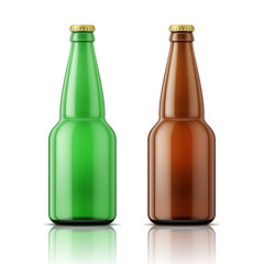 Green and brown beer bottles with cap.