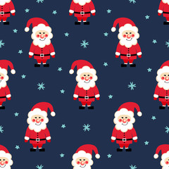 Santa Claus seamless Christmas pattern. Santa Claus, snow and stars on blue background. Cute Xmas background. Winter holiday illustration.