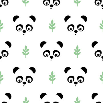 Panda seamless pattern with green twigs. Cute vector background with baby animal panda. Child style illustration.