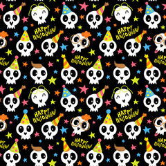 Obraz premium Funny Halloween seamless pattern with bright doodle skulls and stars