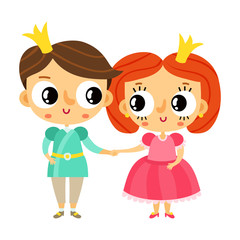 Cartoon prince and princess holding hands, cute vector characters isolated on white