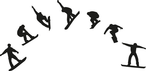 Row of snowboard silhouettes jumping