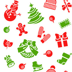 Stoffe zum Nähen Weihnachtssymbole Urlaub flache nahtlose Hintergrundmuster mit verstreuten Ikonen der Familienfeier Elemente. Winter saisonale Packpapier, Tapete, Stoff, Textil, Hintergrund-Design