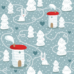 Winter seamless pattern with houses, trees and rabbits
