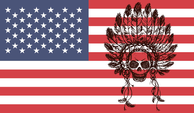 native american indian chief headdress  on usa flag background