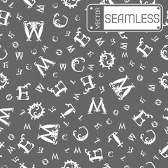 Vector seamless vintage pattern with white curved letters on grey background. Vector illustration