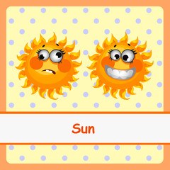 Sun, funny characters on a yellow background