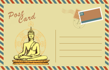 Vintage postcard with Buddha in meditation