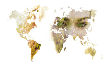 Double exposure of world map silhouette and beautiful girl portr