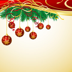 Christmas background with red balls and green branches.