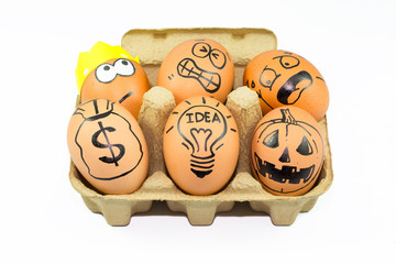 Collection of funny eggs with face feeling, creative idea concep