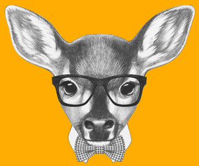 Portrait of Fawn with glasses and bow tie. Hand drawn illustration.
