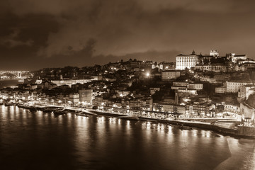 Overview of Old Town of Porto, Portugal at night