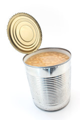 Open tin can of beans isolated on white