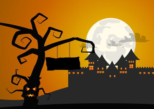 Vector : Tree With Sign And Castle Halloween Backgroun