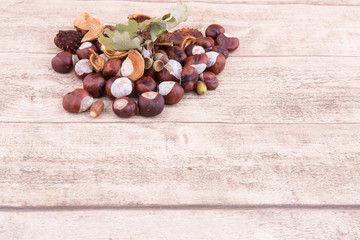 chestnuts and acorns on wooden backgtound with space for own tex