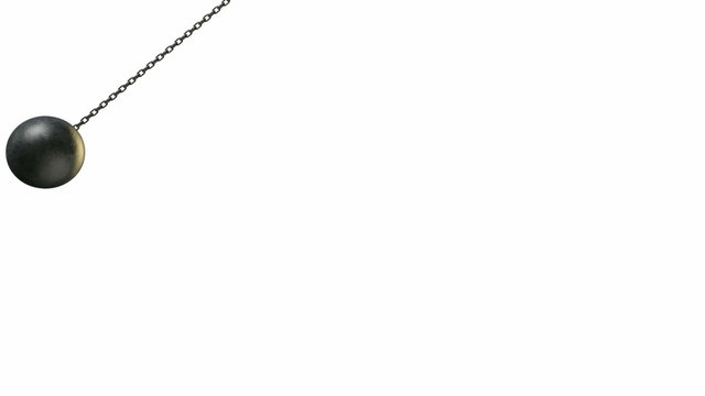 A regular metal wrecking ball attached to a chain swinging to and fro on a blue screen background