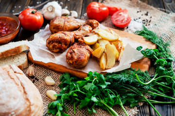 baked chicken legs in garlic marinade with baked potatoes , sauce , tomatoes , bread and herbs on wooden background