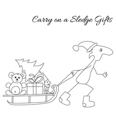 Funny character in flat style in Christmas cap and winter boots carries on a sledge different gifts. Use for cards, pattern fills, web pages, background  and etc.