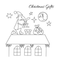 Funny character in flat style in Christmas cap and winter boots puts a gift in a trumpet fireplace. Use for cards, pattern fills, web pages, background  and etc.