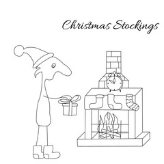 Funny character in flat style in Christmas cap and winter boots puts a gift in front of fireplace. Use for cards, pattern fills, web pages, background  and etc.